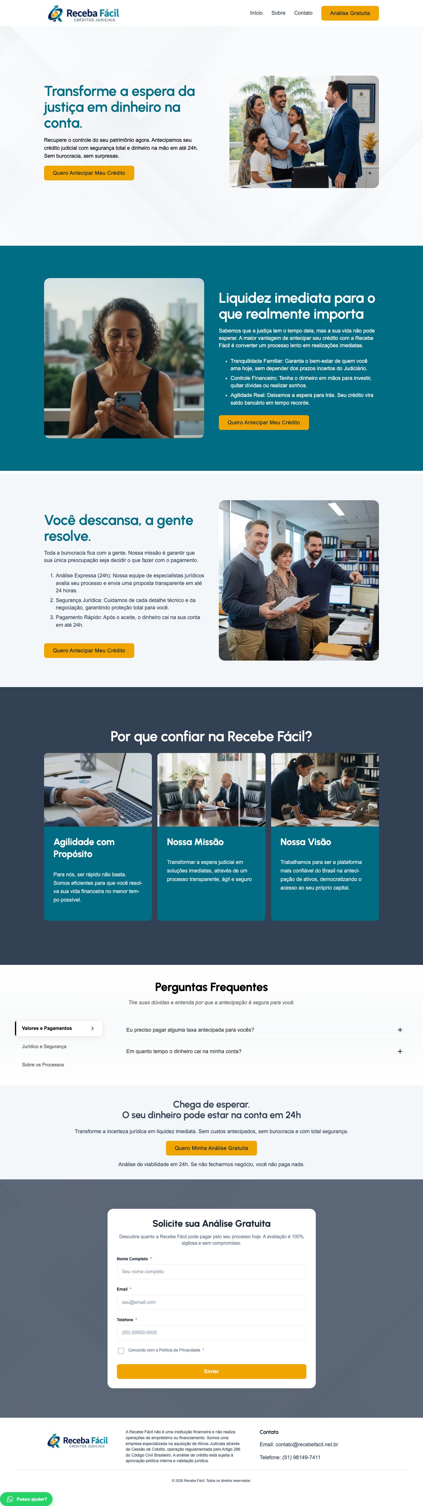 Landing page do Receba Fácil, antecipação de créditos judiciais