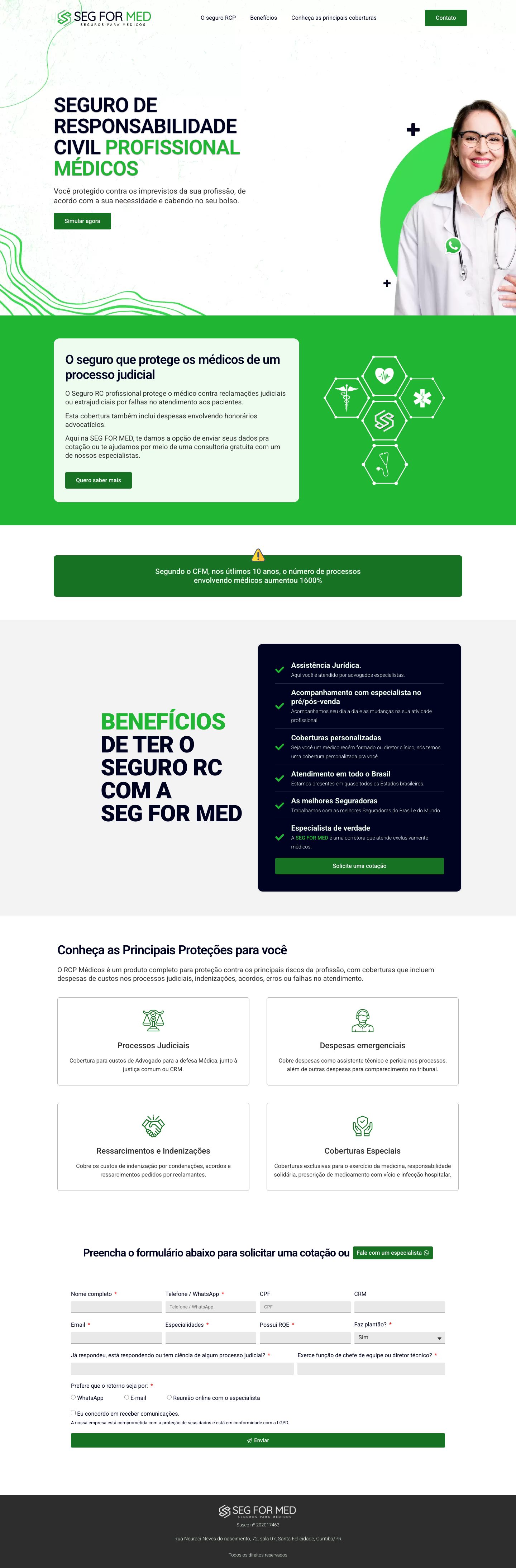 Landing page do Seg For Med, seguro de responsabilidade civil para médicos